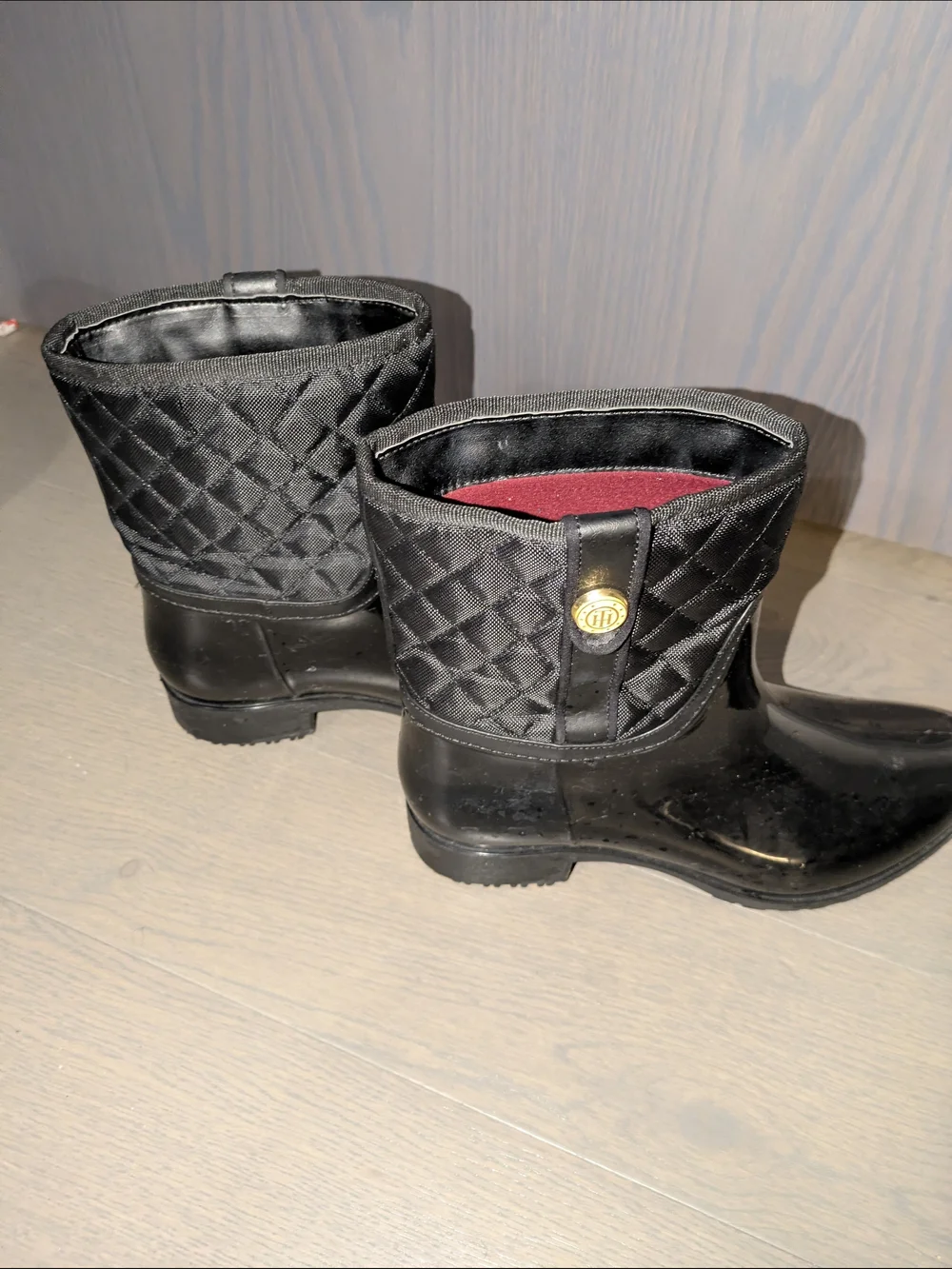 Black Quilted Rain Boots with Logo Button